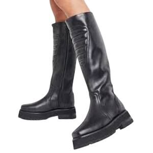 & Other Stories | Black Leather Top Stitch Knee Flat Leather Designer Boots 39